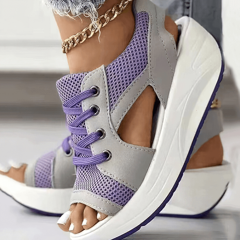 Purple sports open-toe lace-up women's sandals with thick soles, featuring air mesh upper material for breathability and comfort.